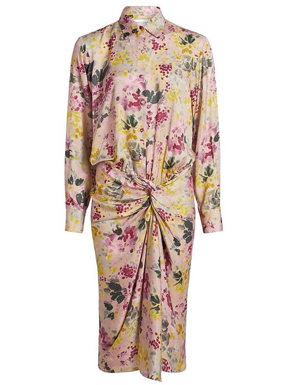 PRABAL GURUNG Floral Satin Draped Shirt Midi Dress